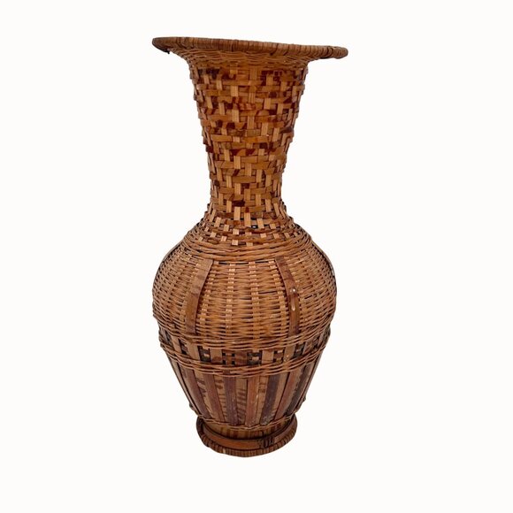 VINTAGE MCM WOVEN WICKER RATTAN BASKET VASE 60'S/70'S - Picture 3 of 5